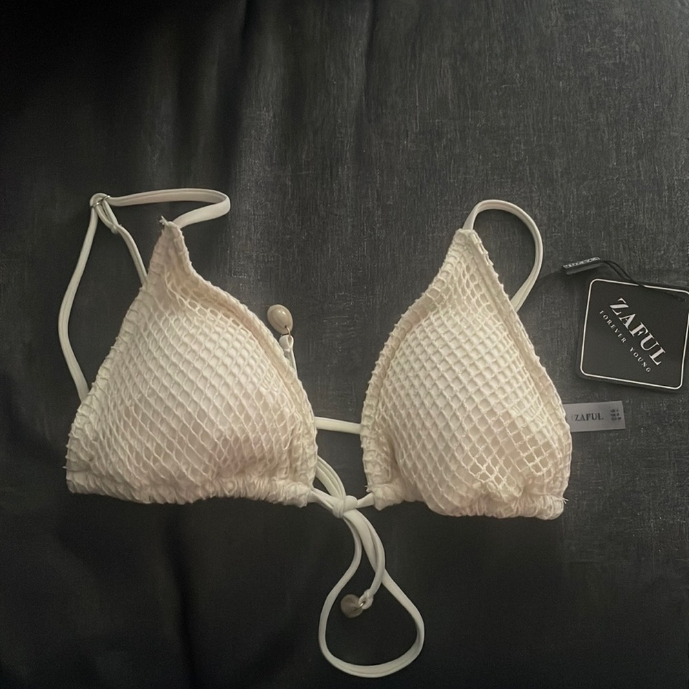 NWT ZAFUL Triangle String Bikini Top Mesh Tie Shell Swimsuit Top Only Sz 4 - Picture 2 of 6